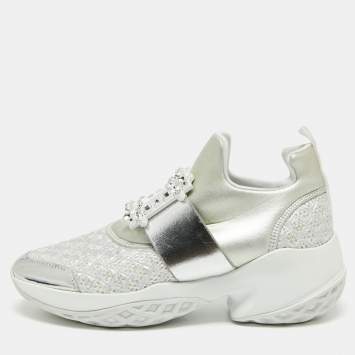 Pre Owned Roger Vivier Silver  Fabrics  And Leather Viv' Run Strass Buckle Sneakers Size 40.5
