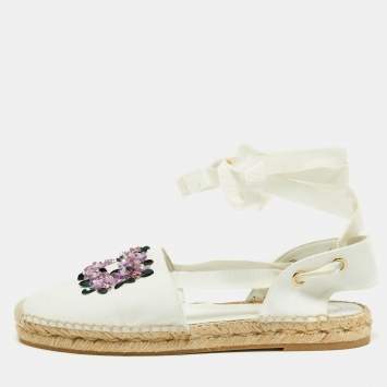Pre Owned Roger Vivier White Canvas Embellished Lace Up Espadrille Flats Size 38.5