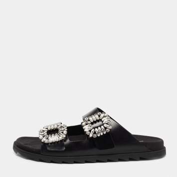 Pre Owned Roger Vivier Black Leather Crystal Embellished Buckle Slide Sandals Size 41  