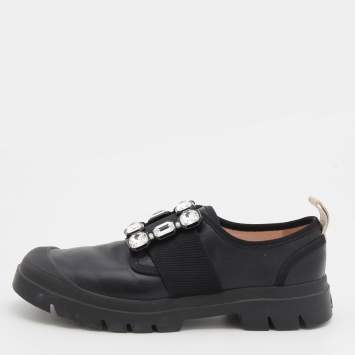 Pre Owned Roger Vivier Black Leather Crystal Buckle Walky Viv' Slip On Sneakers Size 38