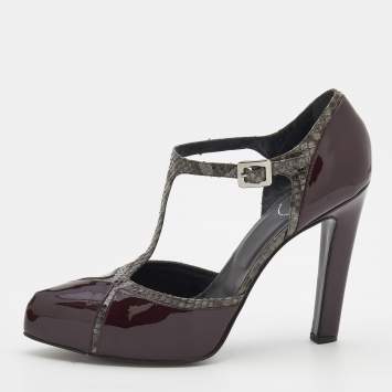 Pre Owned Roger Vivier Grey/Burgundy Python and Patent Leather Platform Pumps Size 39
