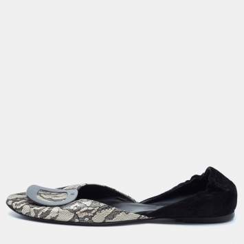 Pre Owned Roger Vivier Black/White Lace And Suede Chips D'orsay Buckle Flats Size 39