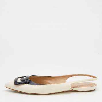 Pre Owned Roger Vivier Off-White/Black Leather Flat Slingback Sandals Size 39