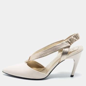 Pre Owned Roger Vivier Cream/Gold Leather V Type Pointed Toe Slingback Pumps Size 40