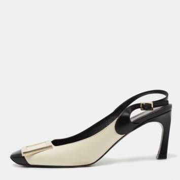 Pre Owned Roger Vivier White/Black Leather Belle Vivier Slingback Pumps Size 37