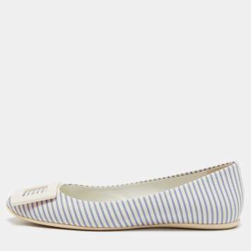 Pre Owned Roger Vivier White/Blue Striped Leather Gommette Ballet Flats Size 36