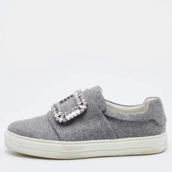 Pre Owned Roger Vivier Grey Fabric Crystal Embellished Slip On Sneakers Size 37