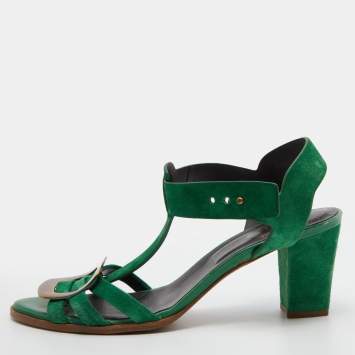 Pre Owned Roger Vivier Green Suede T-Strap Sandals Size 39