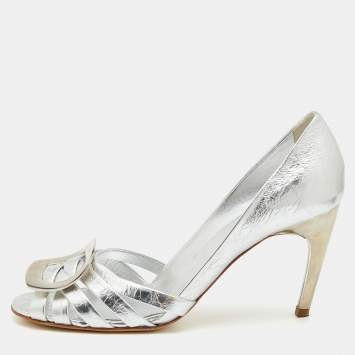Pre Owned Roger Vivier Metallic Silver Leather Open Toe Pumps Size 38.5
