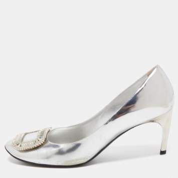 Pre Owned Roger Vivier Silver Leather Crystal Embellished Trompette Pumps Size 40
