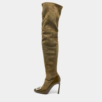 Pre Owned Roger Vivier Olive Green Patent Leather and Suede Over The Knee Length Boots Size 40