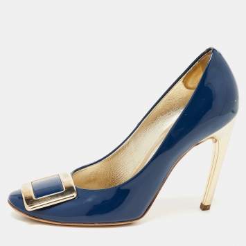 Pre Owned Roger Vivier Navy Blue Patent Leather Trompette Pumps Size 37