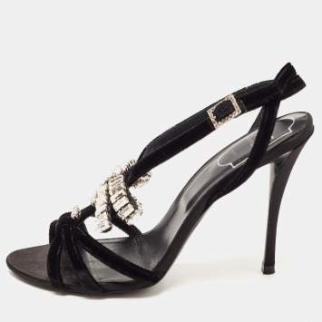 Pre Owned Roger Vivier Black Velvet Crystal Embellished Bow Sandals Size 37