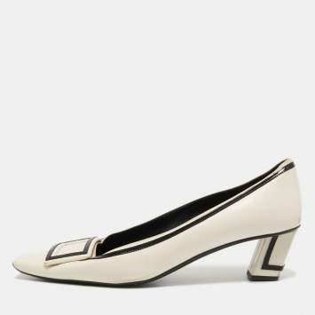 Pre Owned Roger Vivier Cream/Black Leather Belle Vivier Graphic Pumps Size 41 