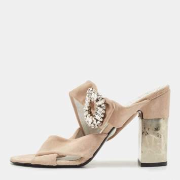 Pre Owned Roger Vivier Beige Suede Crystal Embellished Buckle Slide Sandals Size 39