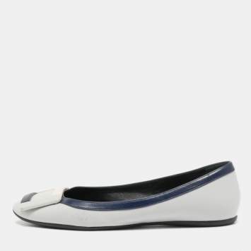 Pre Owned Roger Vivier Grey Leather Buckle Detail Square Cap Toe Ballet Flats Size 37