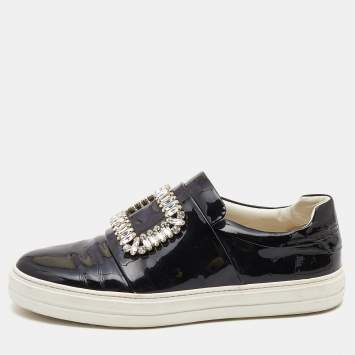 Pre Owned Roger Vivier Black Patent Leather Sneaky Viv Crystal Embellished Slip On Sneakers Size 39