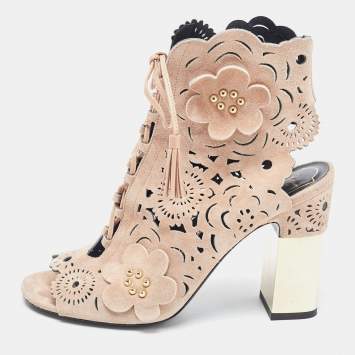 Pre Owned Roger Vivier Beige Suede Laser Cut Embellished Block Heel Ankle Booties Size 39