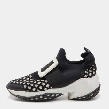 Pre Owned Roger Vivier Black/White Mesh and Neoprene Viv Run Sneakers Size 38
