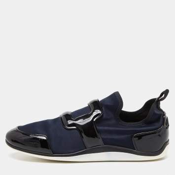 Pre Owned Roger Vivier Blue/Black Satin and Patent Leather Sneaky Viv Slip On Sneakers Size 39