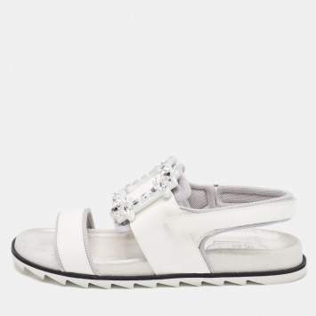 Pre Owned Roger Vivier White Patent Leather Vivier Strass Sandals Size 39