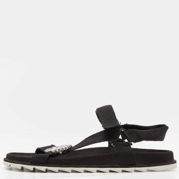 Pre Owned Roger Vivier Black Fabric Crystal Embellished Buckle Trekky Viv'  Flat Sandals Size 40