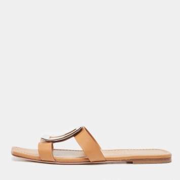Pre Owned Roger Vivier Brown Leather Flat Slides Size 36.5 