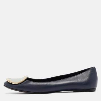 Pre Owned Roger Vivier Navy Blue Leather Ballet Flats Size 35.5