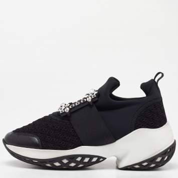Pre Owned Roger Vivier Black Mesh Fabric and Leather Crystal Embellished Slip On Sneakers Size 38