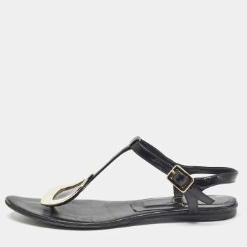 Pre Owned Roger Vivier Black Leather Slingback Flat Sandals Size 37