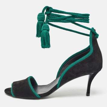 Pre Owned Roger Vivier Black Suede Tassel Ankle Tie Sandals Size 37 