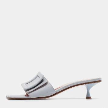 Pre Owned Roger Vivier Light Blue Leather Buckle Slide Sandals Size 37.5