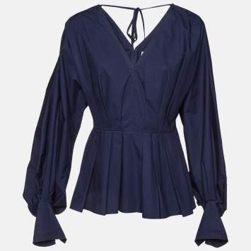 Pre Owned Roksanda Ilincic Navy Blue Cotton Pleated Colette Peplum Top L