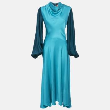 Pre Owned Roksanda Ilincic Jigsaw Blue Satin Cowl Neck Color-Block Asymmetric Long Dress S