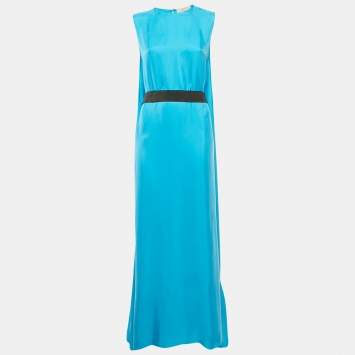 Pre Owned Roksanda Ilincic Sky Blue Sateen Sleeveless Belted Ruffle Hem Maxi Dress L