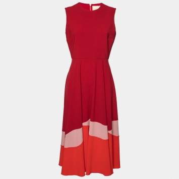 Pre Owned Roksanda Burgundy Synthetic Wave Color Block Flared Midi Dress M