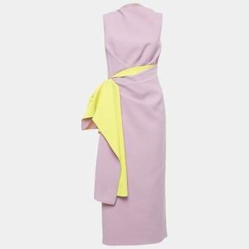 Pre Owned Roksanda Pink/Yellow Crepe Drape Style Midi Dress M