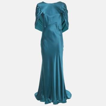 Pre Owned Roksanda Teal Blue Satin Draped Detail Gown M
