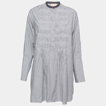 Pre Owned Roksanda Dark Blue Striped Cotton Pleated Front Tunic Top S