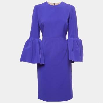 Pre Owned Roksanda Blue Crepe Bell-Sleeve Margot Midi Dress M