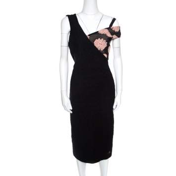 Pre Owned Roland Mouret Black Cotton Daisy Applique Detail Off Shoulder Camley Dress L
