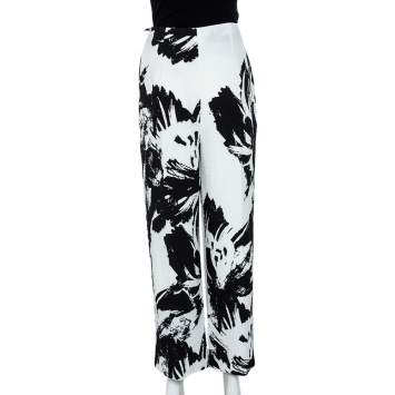 Pre Owned Roland Mouret Monochrome Printed Cloque Pleated Wide Leg Meltham Pants M 