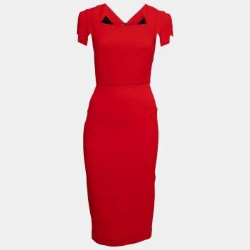 Pre Owned Roland Mouret Red Textured Wool Royston Cap Sleeve Dress M