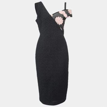 مملوكة مسبقًا Roland Mouret Black Floral-Embroidered Crepe Off-Shoulder Camley Dress M