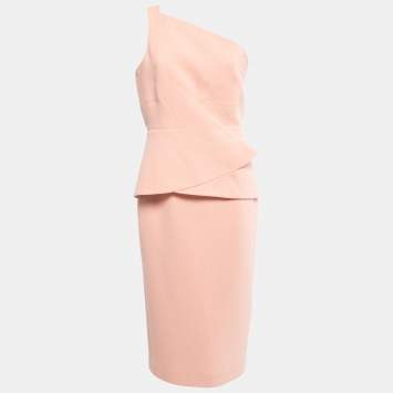 Pre Owned Roland Mouret Pastel Rose Wool Crepe On Shoulder Midi Dress L