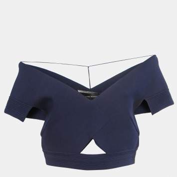 Pre Owned Roland Mouret Navy Blue Knit Cut-Out Detail Off-Shoulder Crop Top L