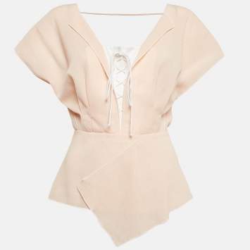Roland Mouret Pink Wool Crepe Lace-Up Pleated Top S