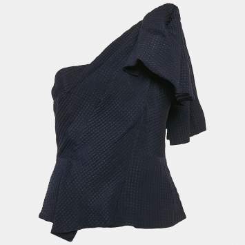 Roland Mouret Navy Blue Textured Silk Bow Detail One-Shoulder Top M