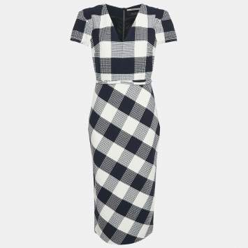 Roland Mouret Blue Chaney Checks Cotton Midi Dress M