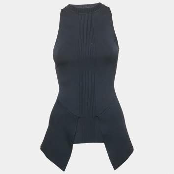 Roland Mouret Navy Blue Rib Knit Asymmetric Top XS